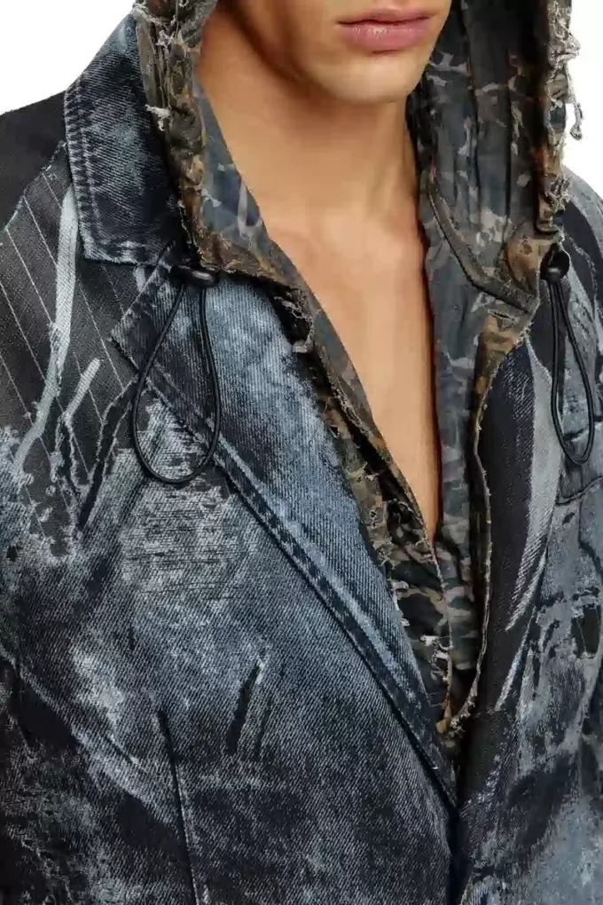 d-bla-long-dev-fse Coat in pinstriped devoré denim