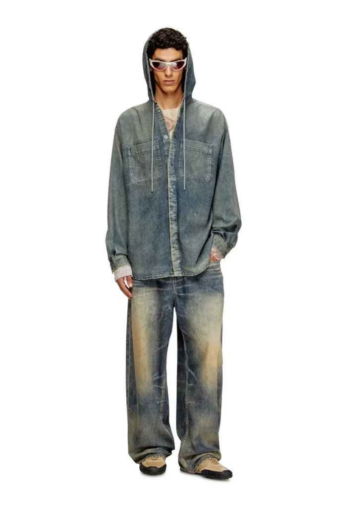 d-dewny-hood-s2 Overshirt in marbled coated denim