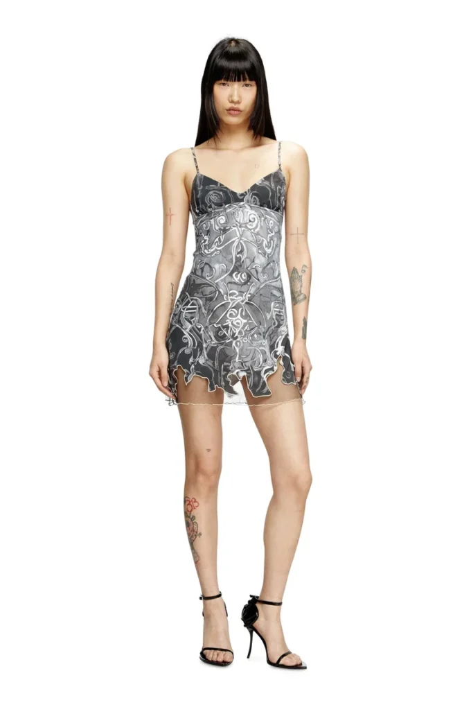 d-inlay Nylon mini dress with Heraldic print