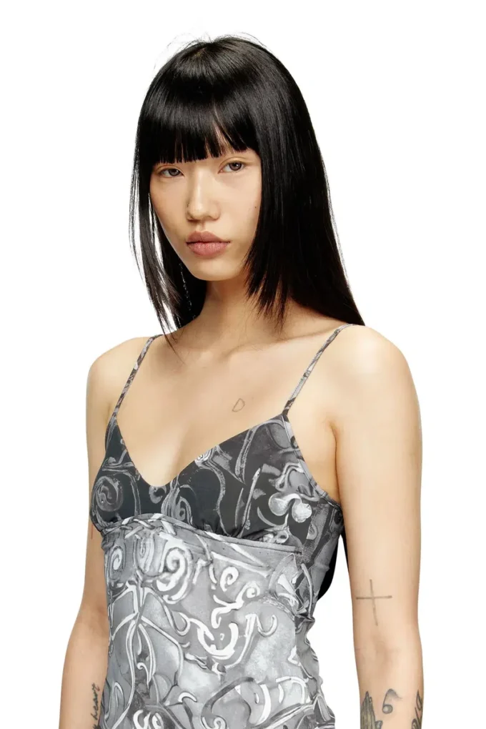 d-inlay Nylon mini dress with Heraldic print