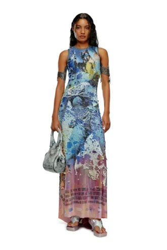 d-leele Destroyed jersey gown with poster print