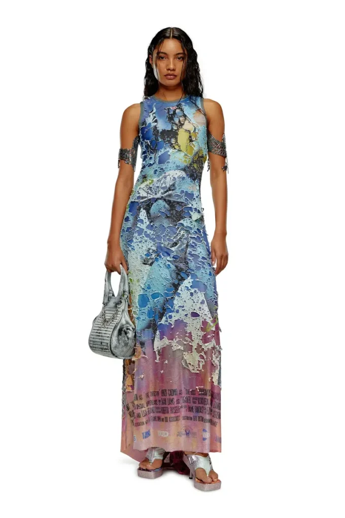 d-leele Destroyed jersey gown with poster print