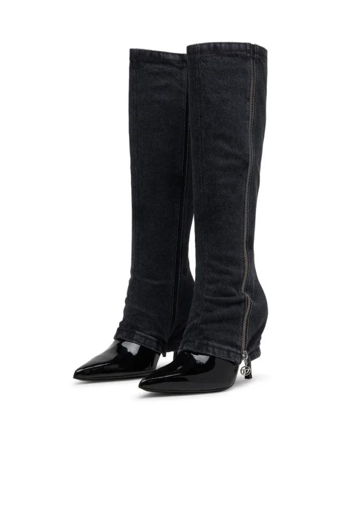 d-venus twisted boot D-Venus-Stiletto knee boots with jean trompe l’oeil d-venus twisted boot D-Venus-Stiletto knee boots with jean trompe l’oeil