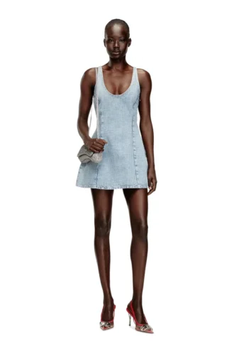 de-sweeney-s1 Short dress in houndstooth denim with crystals