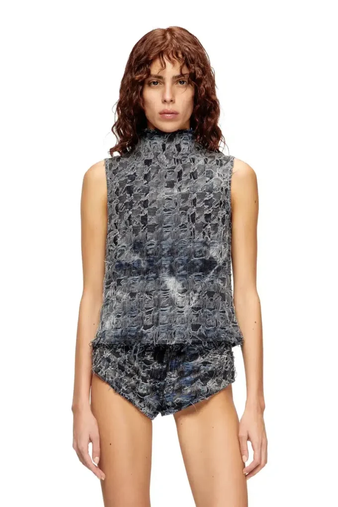 de-tapi-fsh1 Sleeveless top in houndstooth tie-dye denim de-tapi-fsh1 Sleeveless top in houndstooth tie-dye denim