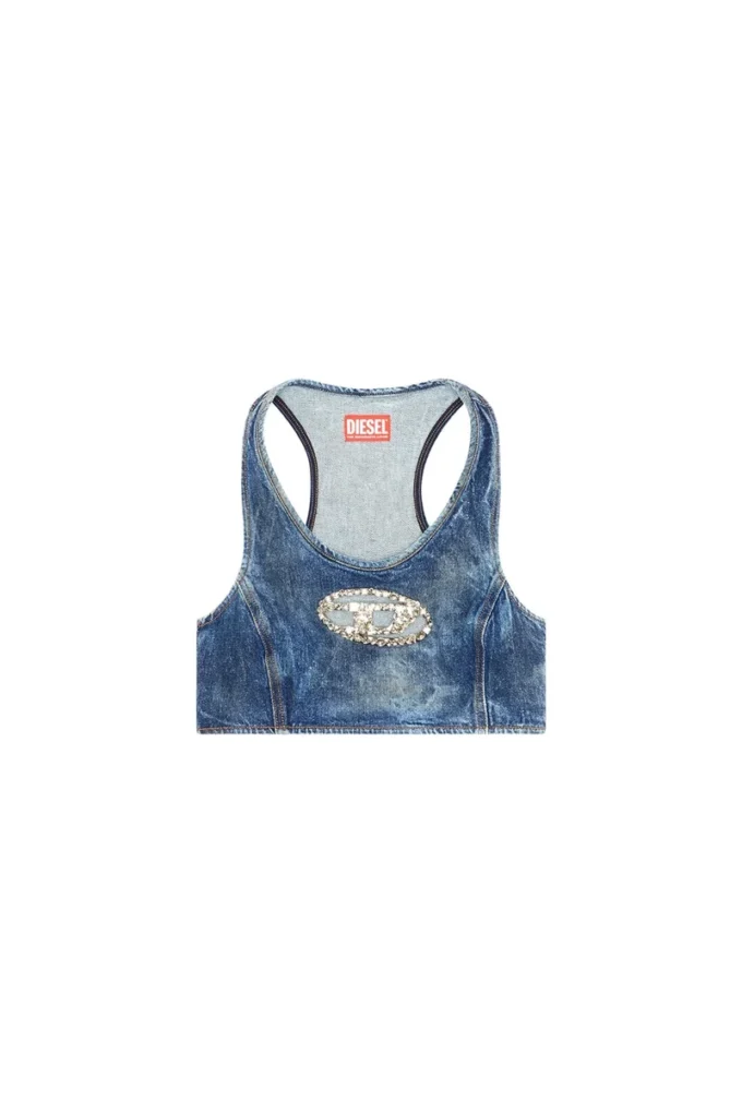 de-top-fse Cropped denim top with crystal plaque