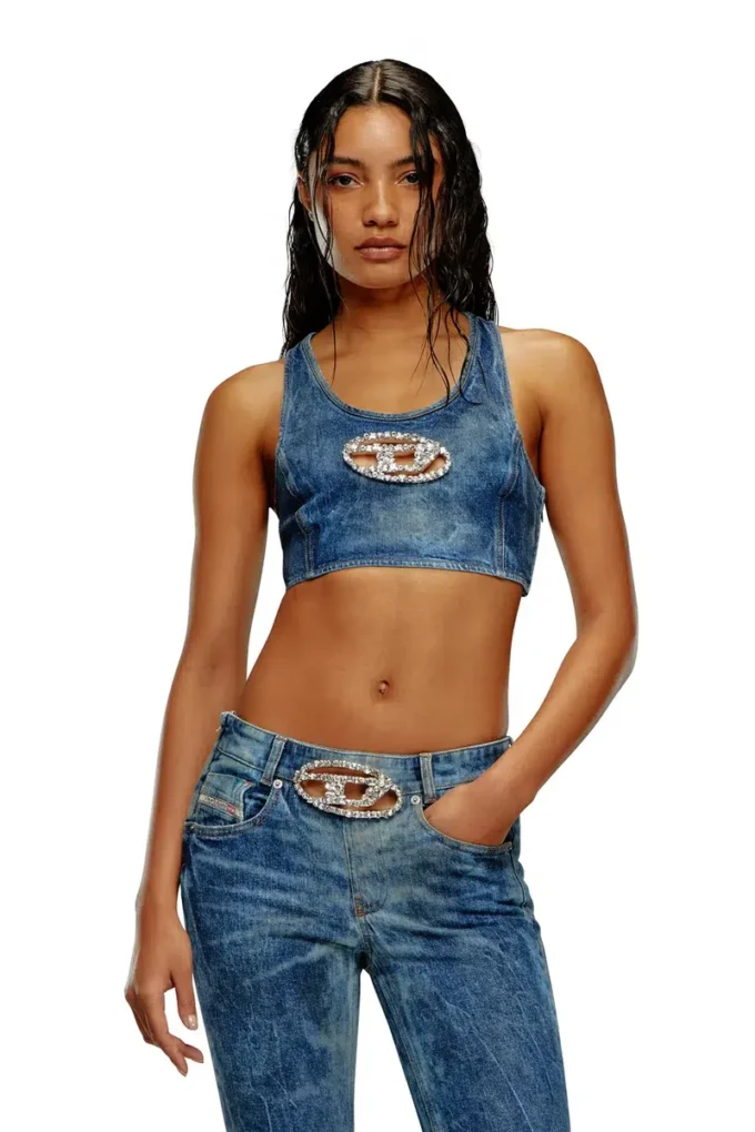 de-top-fse Cropped denim top with crystal plaque