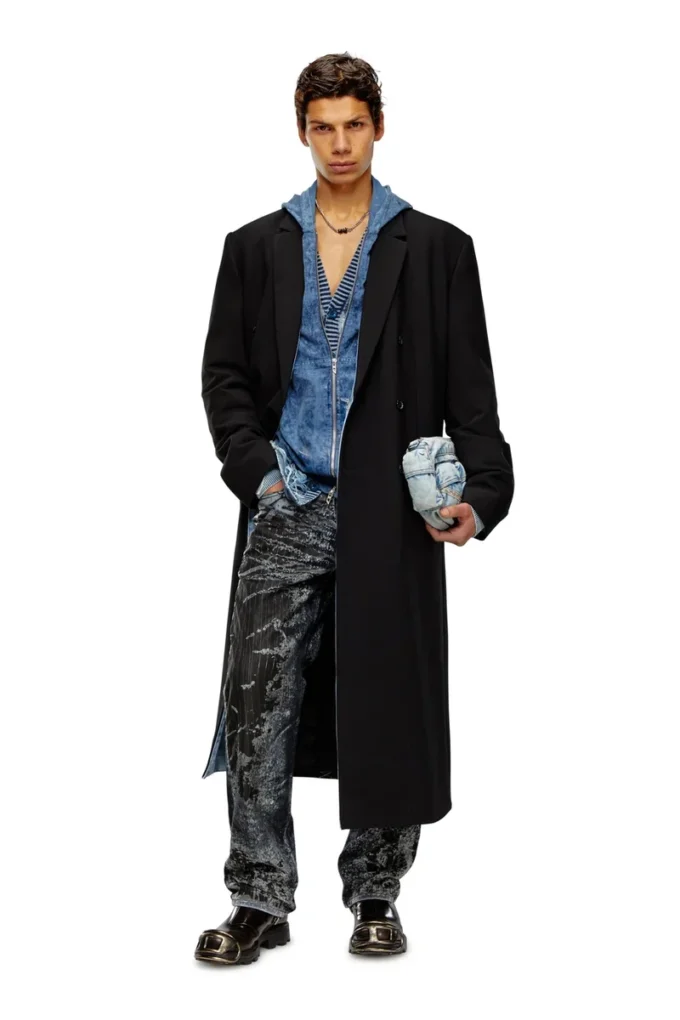 j-ritz Longline cool wool coat in denim detail