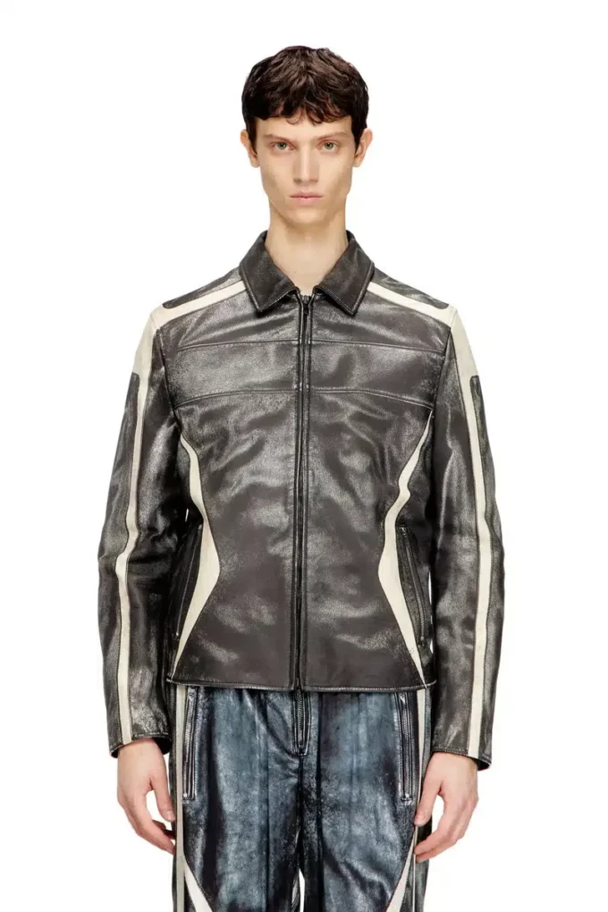 l-amar-enbi Leather coach jacket with biker print l-amar-enbi Leather coach jacket with biker print