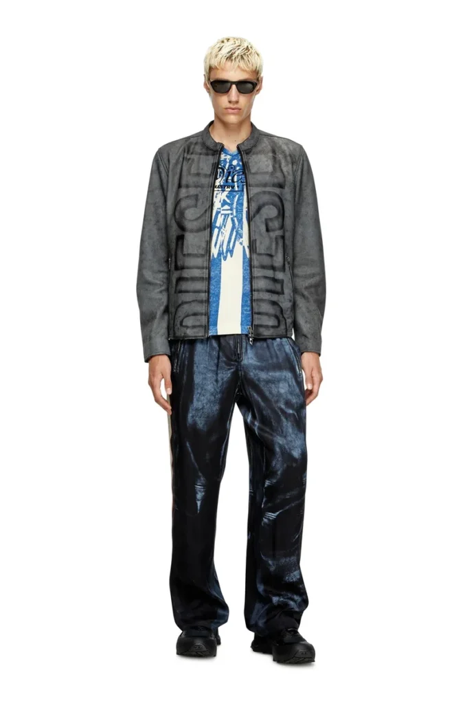 l-evert-a Treated leather biker jacket with faded logo
