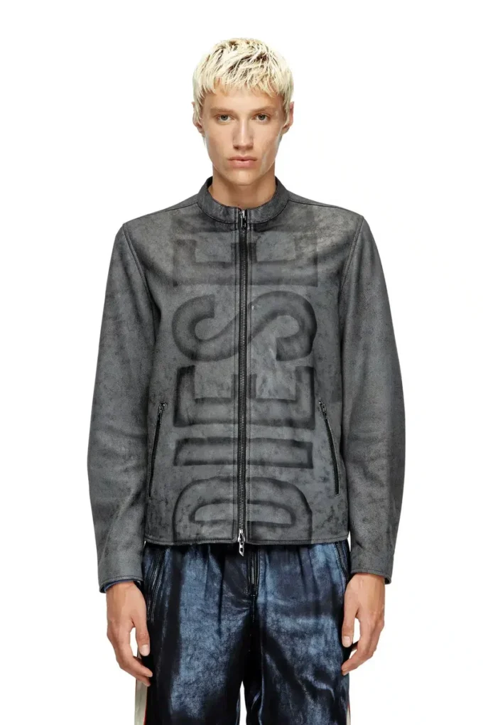 l-evert-a Treated leather biker jacket with faded logo
