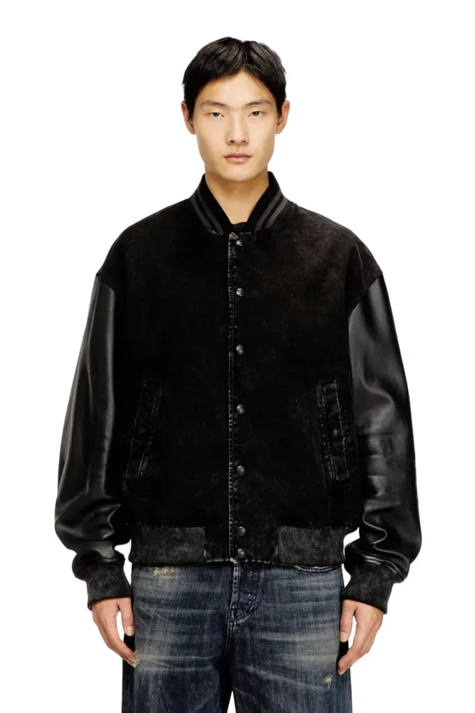 l-nyn Denim and leather bomber jacket
