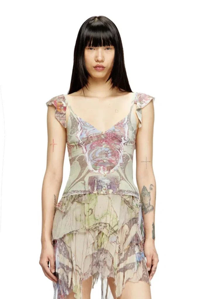 m-fiore Ruffle-shoulder knit top with medieval print m-fiore Ruffle-shoulder knit top with medieval print