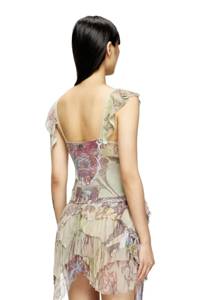 m-fiore Ruffle-shoulder knit top with medieval print m-fiore Ruffle-shoulder knit top with medieval print