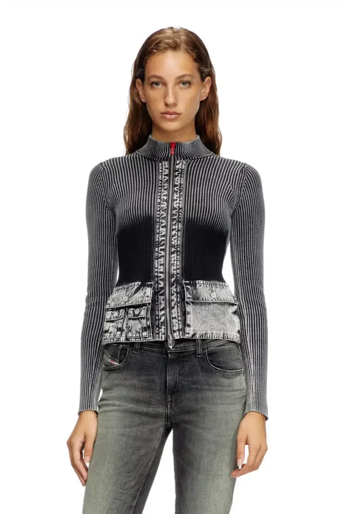m-melissa Zip-up cardigan with denim cargo pockets m-melissa Zip-up cardigan with denim cargo pockets
