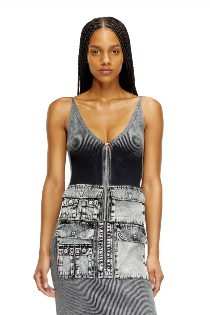 m-melly Knit tank top with denim cargo pockets m-melly Knit tank top with denim cargo pockets