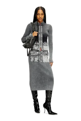 m-meryn Knit midi skirt with denim cargo pockets m-meryn Knit midi skirt with denim cargo pockets