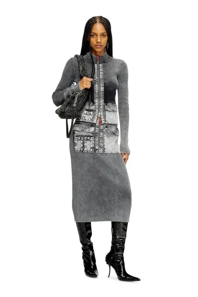 m-meryn Knit midi skirt with denim cargo pockets m-meryn Knit midi skirt with denim cargo pockets
