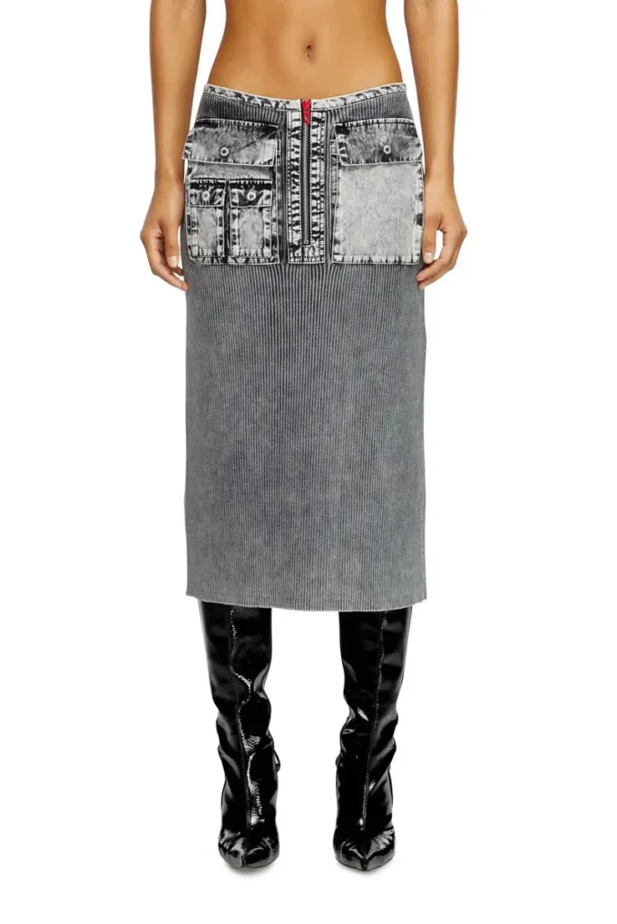 m-meryn Knit midi skirt with denim cargo pockets m-meryn Knit midi skirt with denim cargo pockets