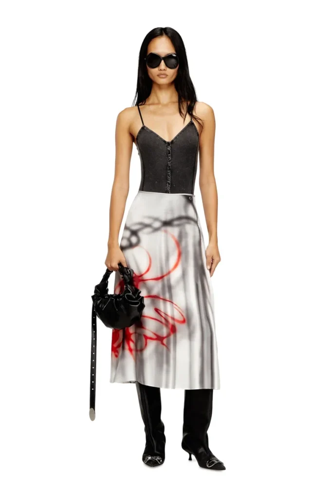 o-rchid-s1 Satin midi skirt with graffiti print o-rchid-s1 Satin midi skirt with graffiti print