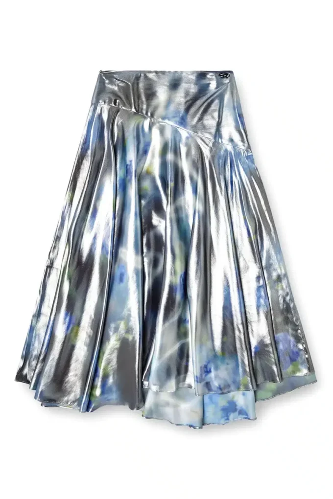 o-zulie-s2 Metallic midi skirt with blurred rose print o-zulie-s2 Metallic midi skirt with blurred rose print