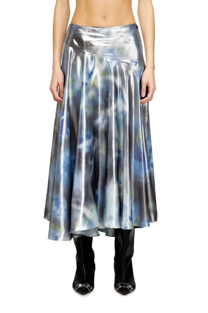 o-zulie-s2 Metallic midi skirt with blurred rose print o-zulie-s2 Metallic midi skirt with blurred rose print