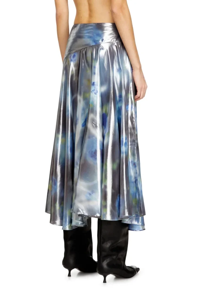 o-zulie-s2 Metallic midi skirt with blurred rose print o-zulie-s2 Metallic midi skirt with blurred rose print