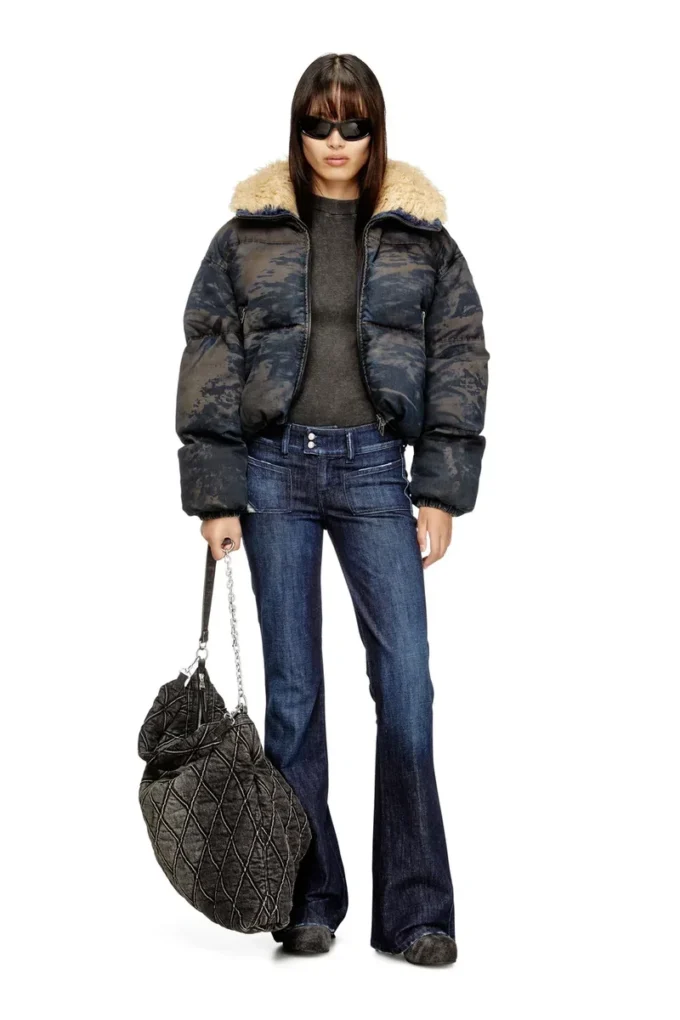 w-aves-fur Hooded puffer jacket in dirt-effect camo denim w-aves-fur Hooded puffer jacket in dirt-effect camo denim