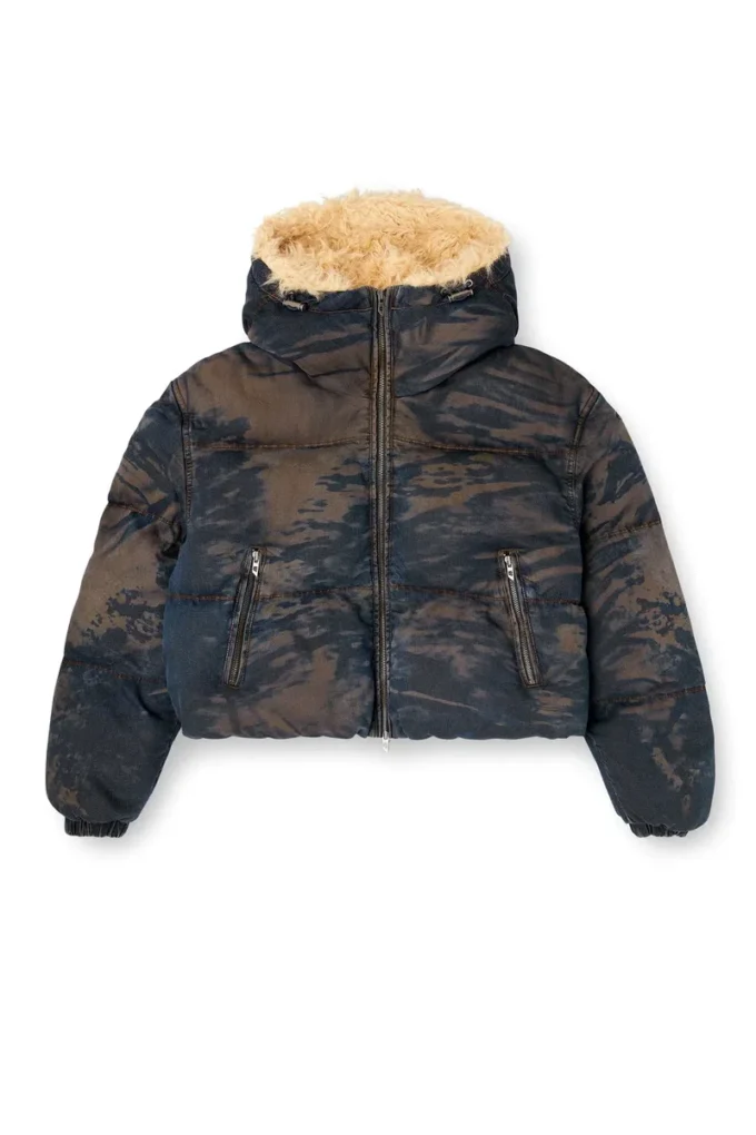 w-aves-fur Hooded puffer jacket in dirt-effect camo denim w-aves-fur Hooded puffer jacket in dirt-effect camo denim