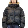 w-aves-fur Hooded puffer jacket in dirt-effect camo denim w-aves-fur Hooded puffer jacket in dirt-effect camo denim