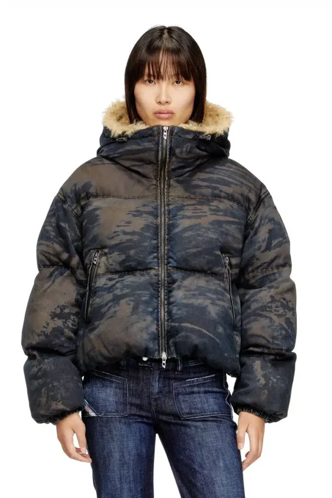 w-aves-fur Hooded puffer jacket in dirt-effect camo denim w-aves-fur Hooded puffer jacket in dirt-effect camo denim