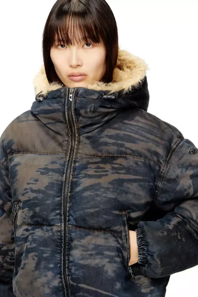 w-aves-fur Hooded puffer jacket in dirt-effect camo denim w-aves-fur Hooded puffer jacket in dirt-effect camo denim