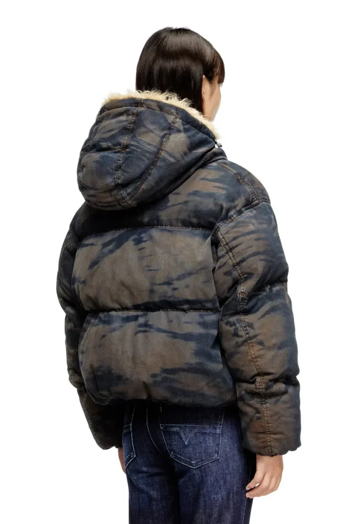 w-aves-fur Hooded puffer jacket in dirt-effect camo denim w-aves-fur Hooded puffer jacket in dirt-effect camo denim