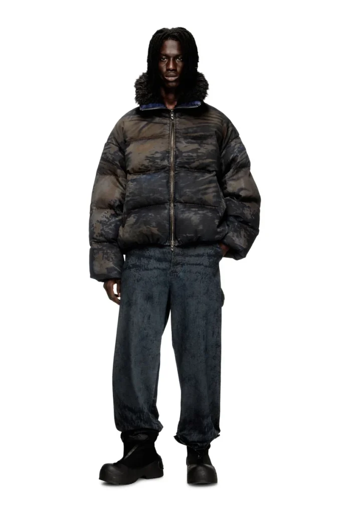 w-johns Puffer jacket in dirt-effect camo denim w-johns Puffer jacket in dirt-effect camo denim
