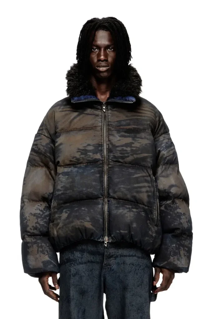 w-johns Puffer jacket in dirt-effect camo denim w-johns Puffer jacket in dirt-effect camo denim