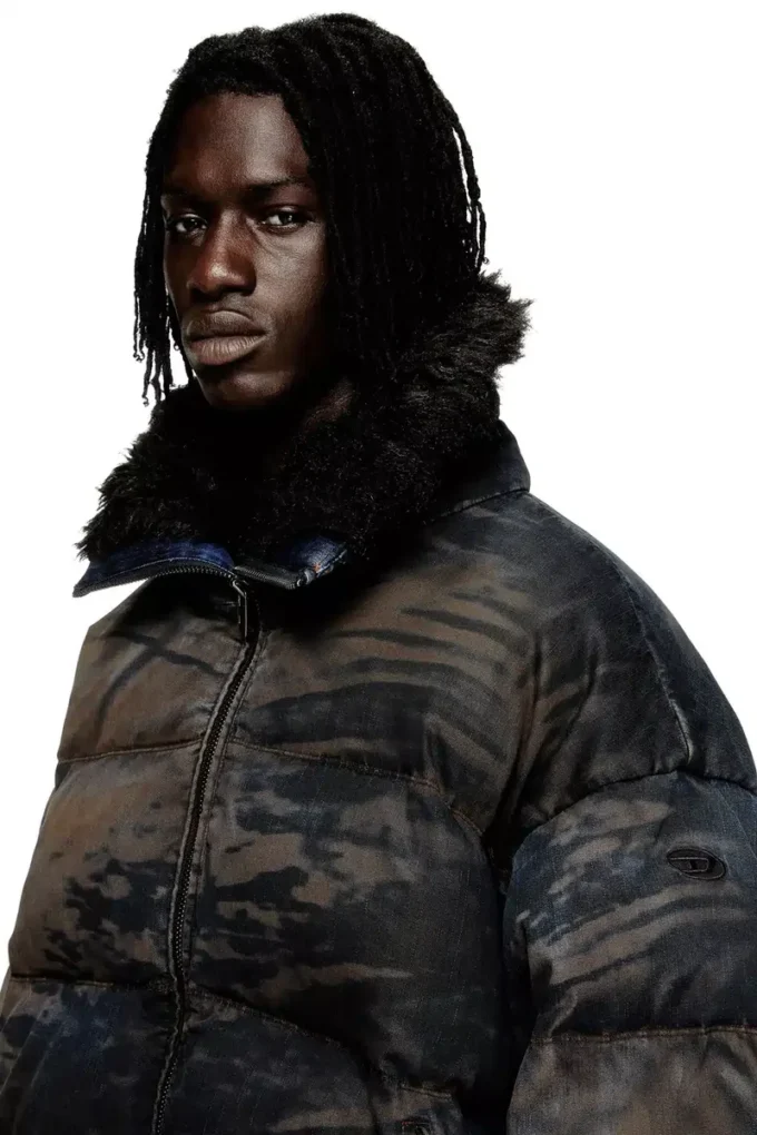 w-johns Puffer jacket in dirt-effect camo denim w-johns Puffer jacket in dirt-effect camo denim