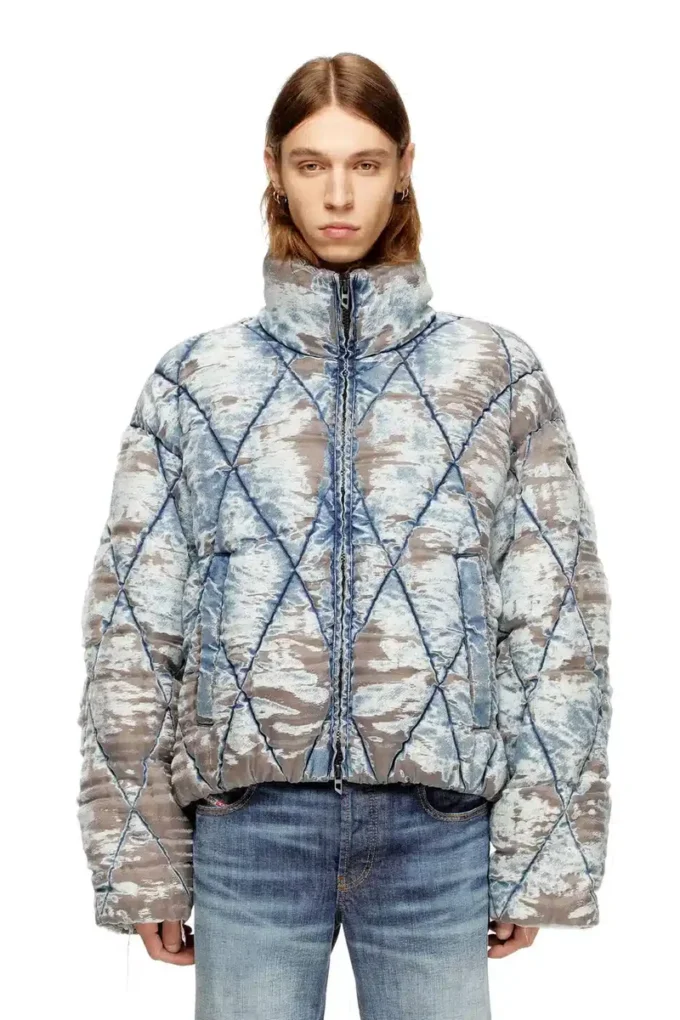w-kons Padded jacket in argyle-quilted devoré denim